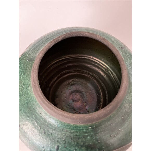 Raku Iridescent Green Tubac Signed Fish Art Pottery Vase Pot 8.5” Large - Picture 2 of 11